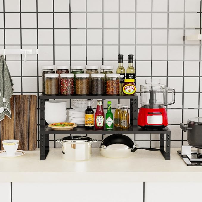 Expandable Stackable Spice Rack Organizer for Kitchen Cabinet,Adjustable Counter Shelf, countertop, Pantry,Cupboard,Bathroom,Bedroom(3Packs/Black/Large)