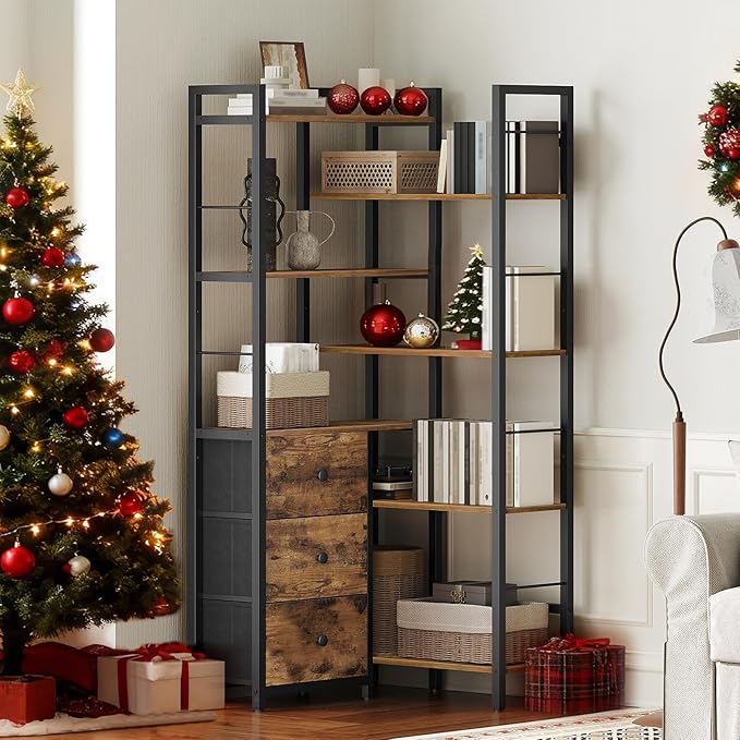 Corner Bookshelf, 7 Tier L-Shaped Bookcase with 3 Drawers, Storage Corner Shelf, Freestanding Tall Display Shelf, Industrial Style, for Living Room, Home Office, Rustic Brown and Black SJ10BR