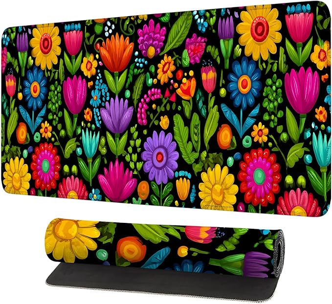 Folk Art Floral Mouse Pad – Large Extended Desk Mat 31.5 x 11.8 in– Colorful Boho Flowers on Black Background, Waterproof Surface, Non-Slip Rubber Base, Oversized Mouse & Keyboard Pad