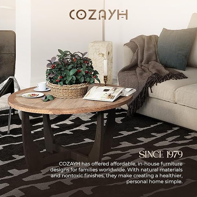 COZAYH Rustic Farmhouse Coffee Table with Crisscross Base, French Country Accent Table for Family, Dinning or Living Room, Modern, Round