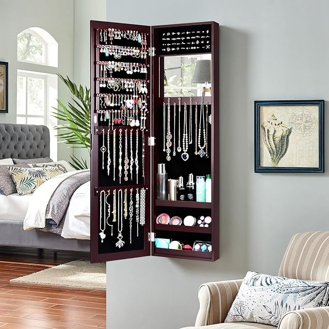 COSTWAY Full Length Mirror Jewelry Cabinet, Wall Door Mounted Jewelry Organizer with Makeup Mirror, Ring Slots and Necklace Hooks, Large Storage Jewelry Armoire for Bedroom, Dressing Room (Brown)