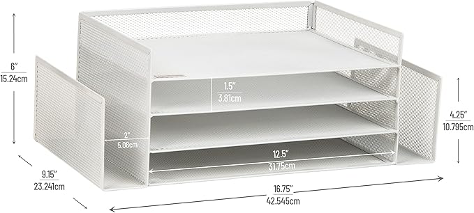 Mind Reader Desktop Organizer, File Storage, Paper Tray, Workspace, Office, Metal Mesh, 16.75" L x 9.15" W x 6" H, White