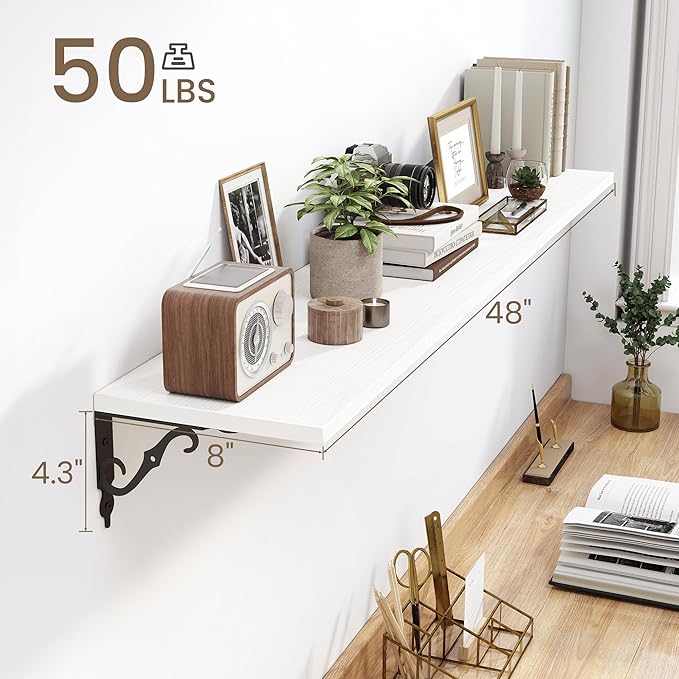 Fun Memories Large Floating Shelves for Wall 48 Inches Long, 8 Inch Deep Shelves with Metal Bracket, 48 Inch Floating Shelves Wall-Mounted, Wide Display & Storage Bookshelves, White, Set of 2