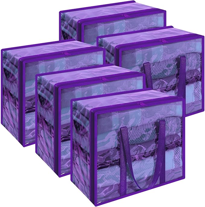 Vieshful Purple 40L Clear Clothes Storage Bag Colorful Clothes Organizer with Zipper Vinyl Storage Bag for Comforter, Blanket, Bedding, Duvet, Transparent Moving Totes 5 Pack