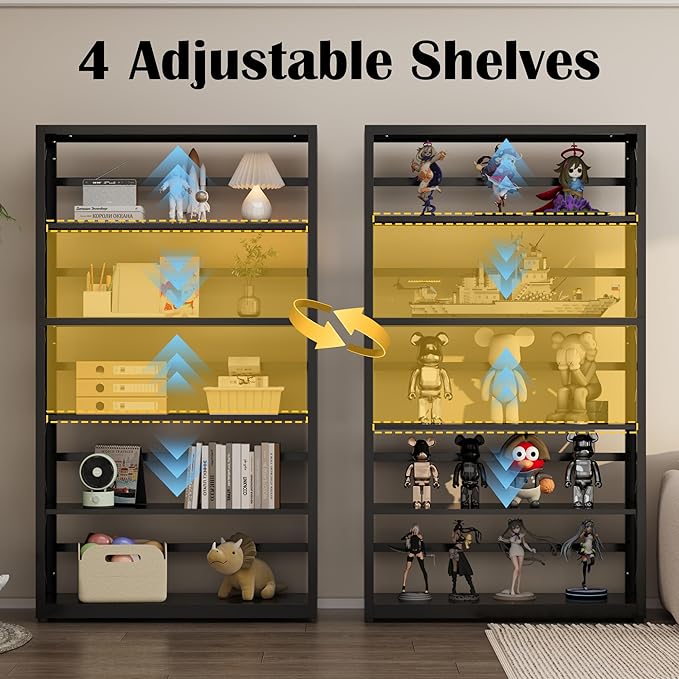 5 Tier Bookcase,Industrial Bookshelf,55" Black Metal Tall Bookshelf with Adjustable Feet and Adjustable Shelves,Home Office Bookcase Shelf Storage Organizer for Living Room、Kitchen