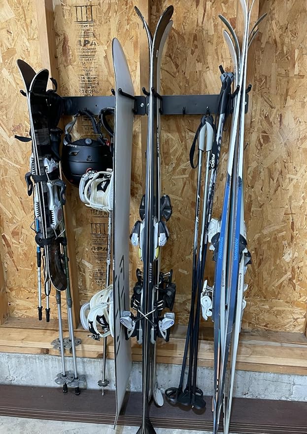 Wall Mount Ski Storage Rack,Garage Snowboard Storage Organizer 4 Pairs Metal Hooks Indoor Outdoor System Organization (Black 1pack)