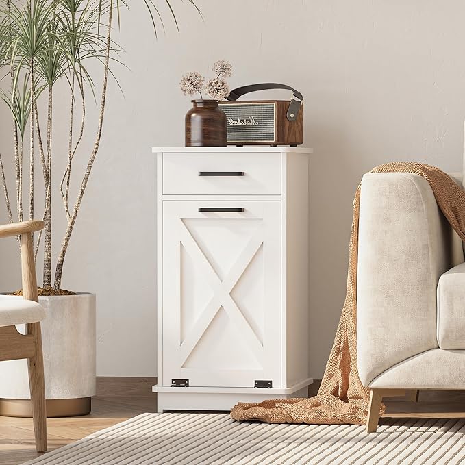White Tilt Out Laundry Hamper Cabinet Hidden Laundry Hamper with Drawers and Baskets for Bathroom Hamper Cabinet with Storage for Kitchen Living Room,16x16x30in（Barn door panel）
