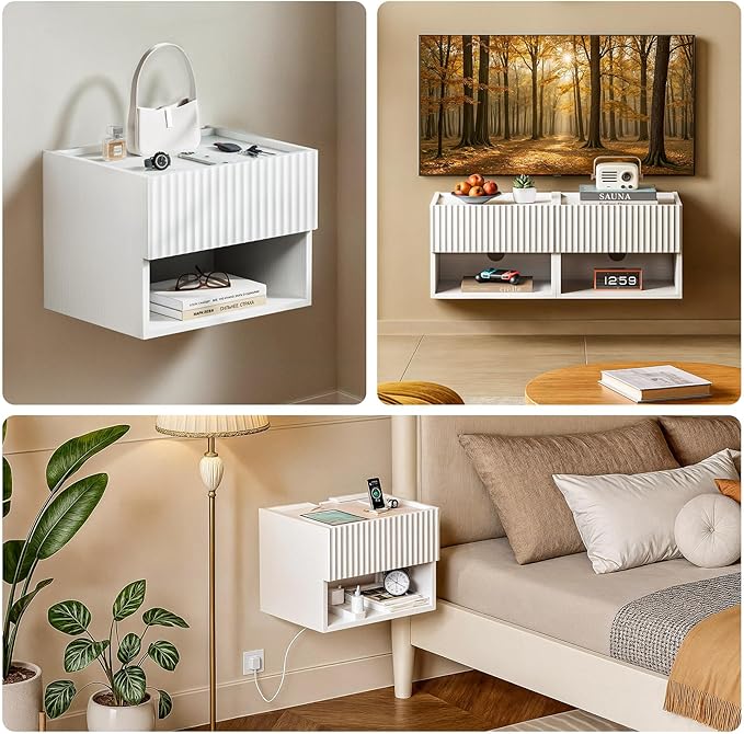 Floating Nightstand Bedroom Bedside Table - Wood Night Stand Set 2 for Small Spaces, Wall Mounted Cabinet with Storage Drawer, White Modern Night Stand for Dorm Hallway Entryway