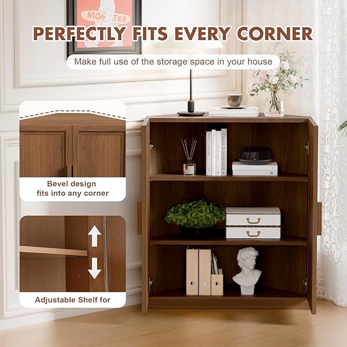 Casaphoria Farmhouse Corner Cabinet, Wooden Corner Storage Cabinet with Adjustable Shelves, Narrow Storage Organizer for Small Space, 36" H x 31" W x 16" D, 51Lb, Walnut