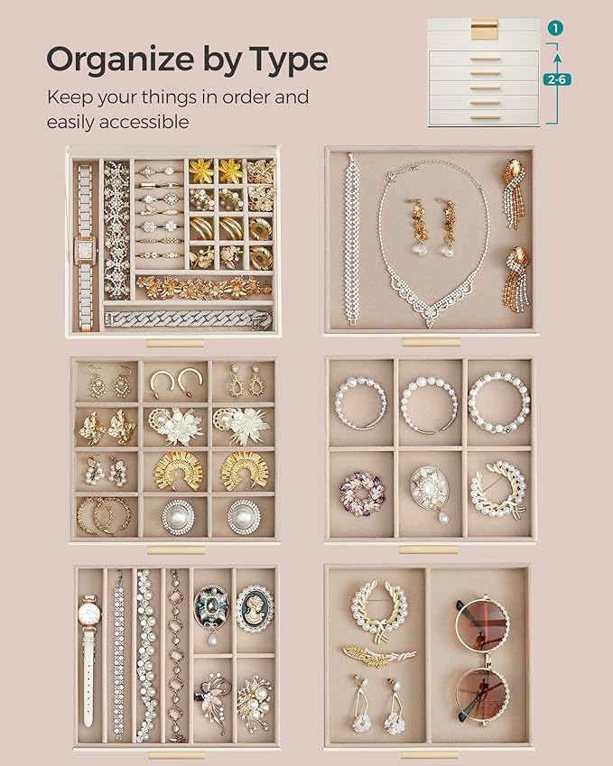 SONGMICS Jewelry Box Organizer with Glass Lid, 6-Layer Jewelry Storage, with 5 Drawers, Modern Style, Christmas Gift, 8 x 9.1 x 9 Inches, Cloud White and Gold Color UJBC176W01