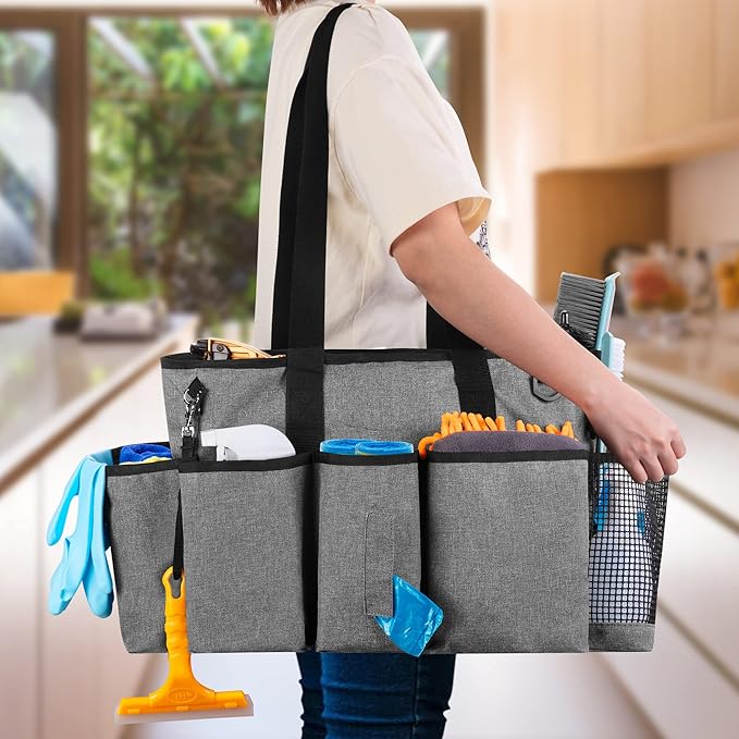 LoDrid Professional Cleaning Tote Caddy for Cleaning Supplies, Cleaning Bag Organizer with Dividers and Handle Strap for Housekeepers Work, Gray, (Bag Only)