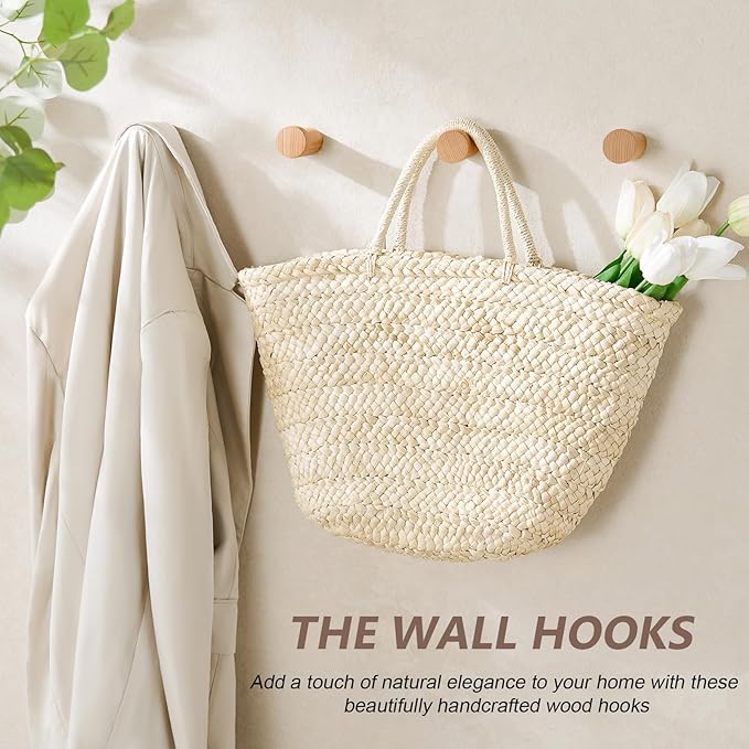 Wooden Wall Hooks 4 Pack, Modern Decorative Coat Hook Wall-Mount, Handmade Rustic Hat Hooks, Entryway Wall Hangers for Hanging Coats Hats Backpack, Bathroom Wood Towel Rack (Natural)