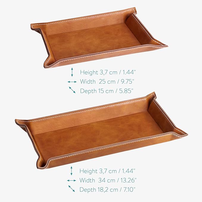 Navaris Faux Leather Valet Tray Set of 2 - Catch All Tray for Key Entryway Table Nightstand - Catchall for Keys Watch Remote Phone - Valet Storage for Men - Mens Storage Dish