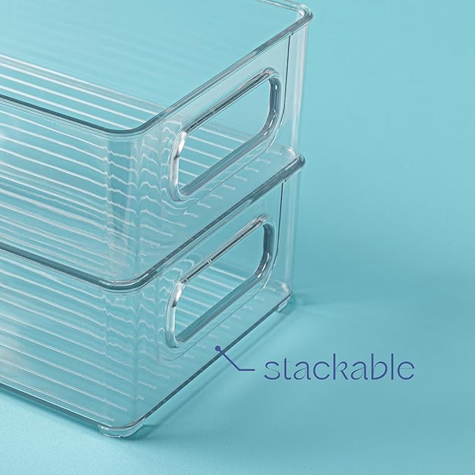 primebox Plastic Food Storage Clear Container Bin with Handles for Organizing Kitchen, Pantry, Refrigerator, Freezer, Pantry, Cabinet, Closet, Bathroom. Stackable 10”x6”x3”