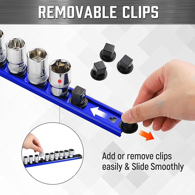 ALOANES 6-Piece Magnetic Socket Organizer, Heavy Duty Aluminum Socket Rails Organizer, 360° Swivel Clips Socket Holder Kit for Tool Box, 1/2, 3/8, 1/4-Inch Socket Holder x 80 Clips (Black&Blue)