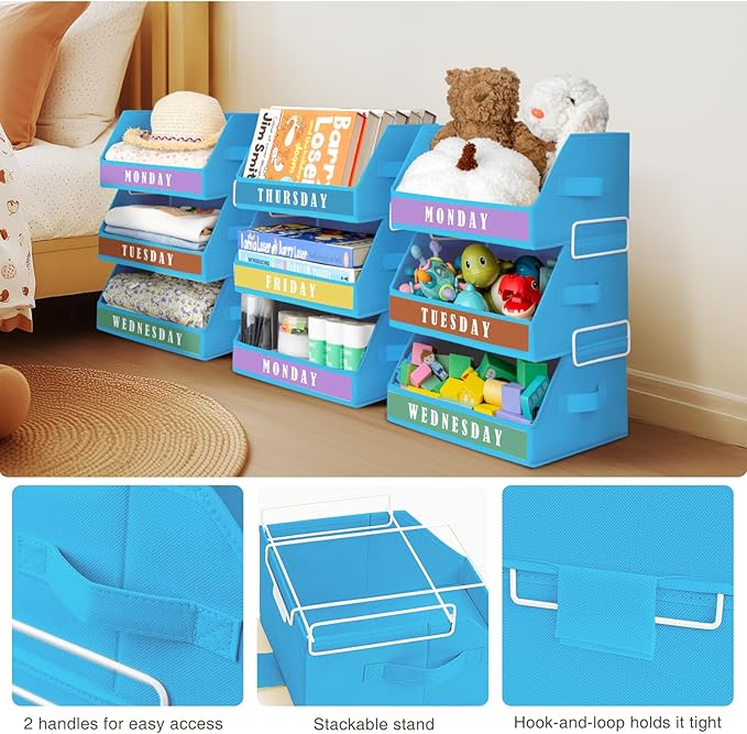 Closet Organizers and Storage - 5 Tier Shelf Organizer with Weekly Labels, Stackable Storage Bins with Metal Frame, Foldable Cube Bins, Home Baskets for Kids and Adults, Blue
