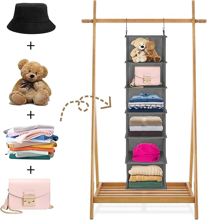 Libeder 6-Shelf Hanging Organizer with Drawers, Closet Hanging Organizers and Storage Shelves with 6 Side Pockets,Hanging Shelves for Clothes, Underwear, Nursery, Closet, RV(Grey)