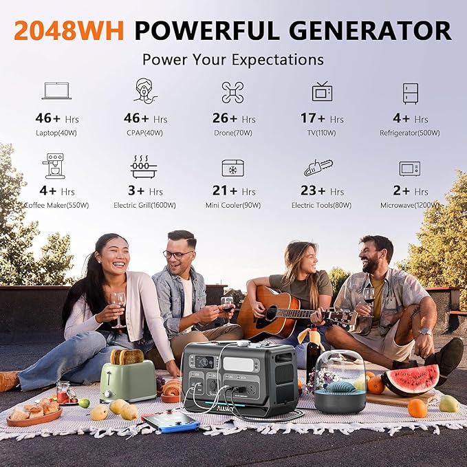 ALLWEI 2400W Portable Power Station (Surge 4800W) with 1x400W Solar Panel and 1x2048Wh Expansion Battery Included, 4 AC Outlet, LiFePO4 Battery Backup Generator for RV Camping Emergency Outdoor Home