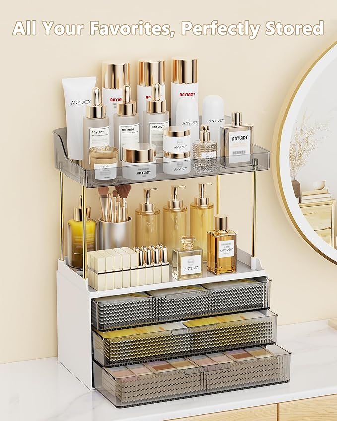 Bathroom Organizers and Storage, Makeup Organizer (Sturdy Durable Attractive), Ideal for Vanity, Countertop, Counter, Perfume, Skincare, Cabinet, Cosmetic, Dresser Organizer (Black)