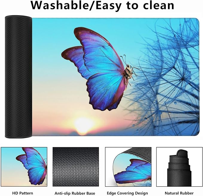 Gaming Mouse Mat Morpho Butterfly and Dandelion Large Mouse Pad Extended Mouse Pad Desk Mat Non-Slip Rubber Base Mice Pad Desk Pad for Office Game Home 35.4x15.75 in
