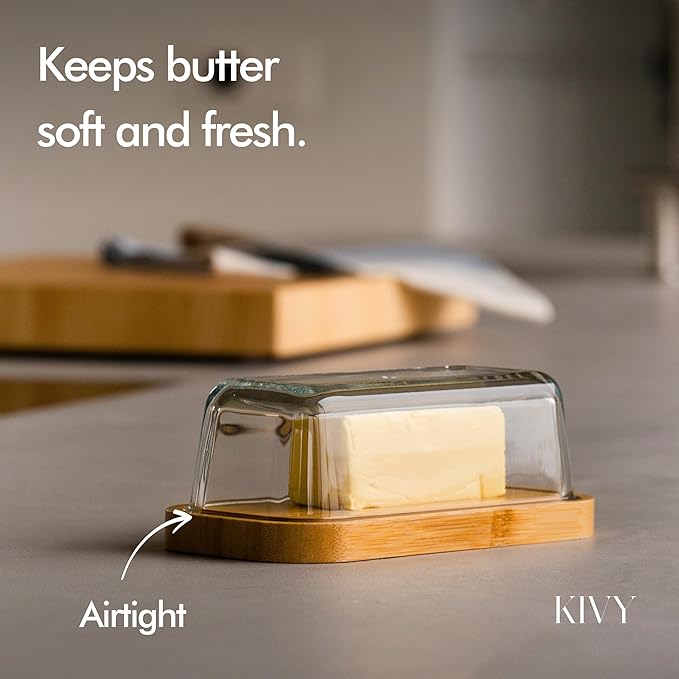 KIVY Butter Dish (Black Marble & Glass) - For countertop and refrigerator door shelf - Marble butter keeper - Stone butter dish - Glass butter dish with lid - Dishwasher Safe