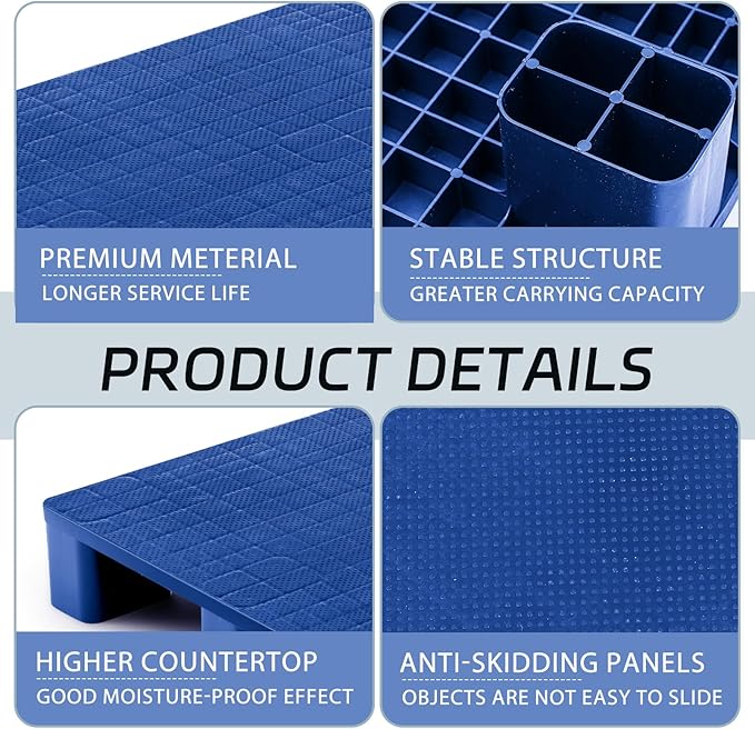 2 Pcs Plastic Pallet for Basement Storage Easy Stack Lightweight Floor Pallet Display Flooring Room Supermarket Christmas, Support up to 2000 Lbs (31.5'' L X 24'' W X 4.7'' H,Blue)