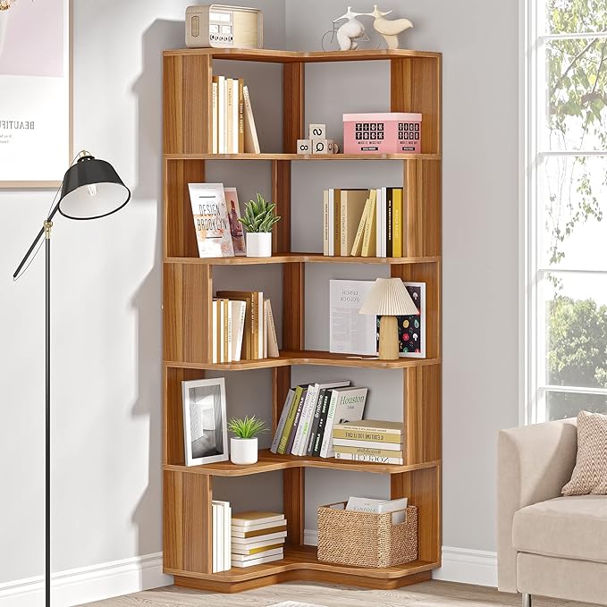Tribesigns 6 Tier Corner Bookshelf, 64.9 Inches Tall Industrial L Shaped Bookcase with Anti-Drop Panel, Freestanding Wood Grain Shelf Display Rack Storage Organizer for Home Office