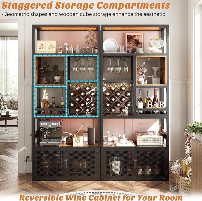 82.6" Tall Bar Cabinet with Power Outlets, 6-Tiers Reversible Wine Cabinet with LED Lights, Glass Holder & Wine Rack, Liquor Storage Cabinet Coffee Bar Station for Dining Living Room, Rustic Brown
