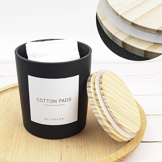 3PCS Modern 13.53oz Black Bathroom Canisters with 12 Labels & Wooden Lid Thick Glass Jar Set Qtip Holder for Cotton Ball & Pads Storage Organization Minimalist Decor