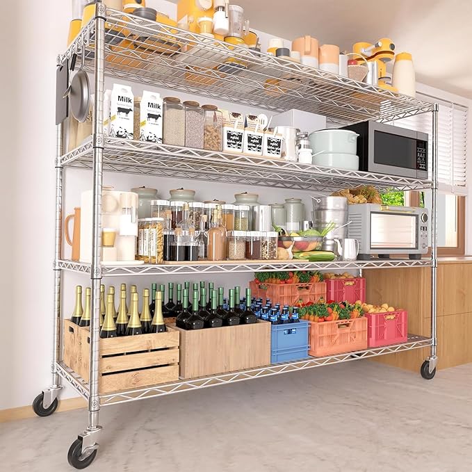 PrimeZone 4 Tier 55.5" Wx24 Dx76 H Wire Shelving with Wheels 2400lbs NSF Certified Storage Shelves Heavy Duty Metal Shelf Adjustable Rolling Rack Commercial Garage Restaurant Warehouse Kitchen 6Pack