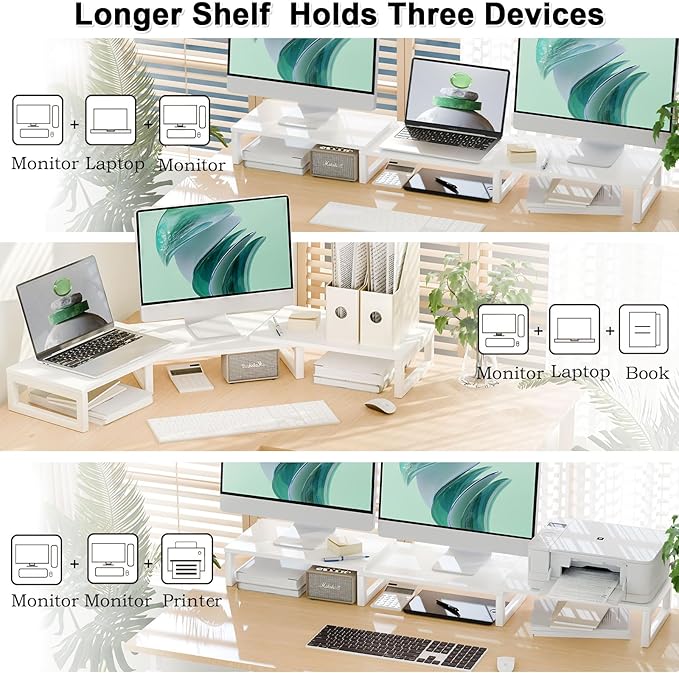 TEAMIX Desk Organizer Dual Monitor Stand Riser, Adjustable Computer Stand 45.5'' Long Desktop Shelf Office Organizer for Laptop,Printer,File,Keyboard Storage Ergonomic Design (White)