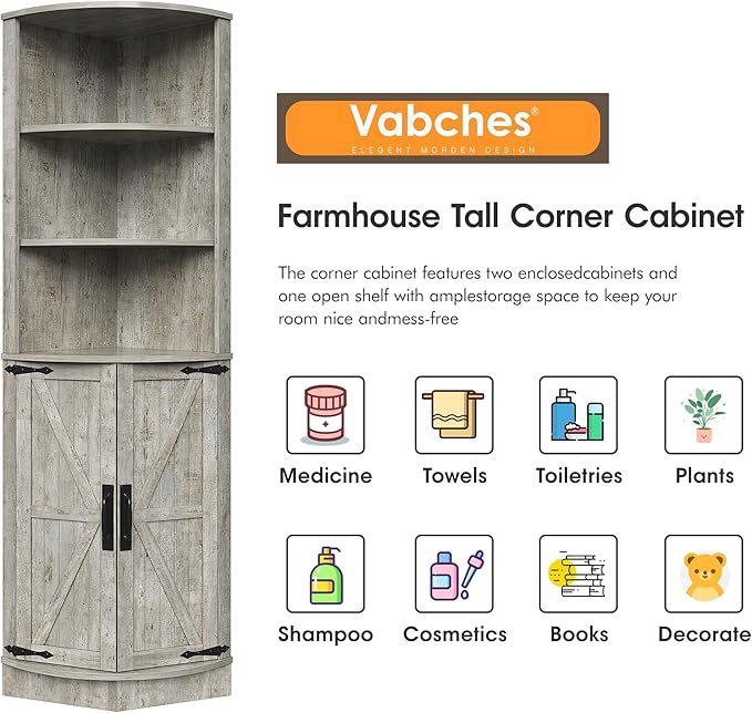 Vabches 64.8" Tall Farmhouse Corner Cabinet, Corner Shelf with 2 Barn Doors & Storage Shelves, Home Space Saver with Storage for Bathroom, Living Room, Entryway, Kitchen, Washed Grey