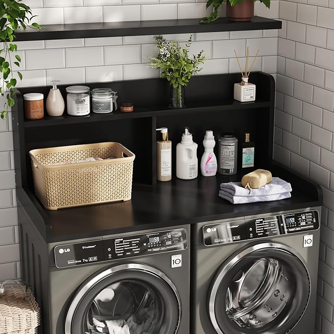 2-Tier Washer Dryer Countertop, 18.5" Raised Height Laundry Countertop with Edge Rails and Non-Slip Pad, 54"W x 27.55"D Washer and Dryer Topper for Laundry Room Storage Organization (Black)