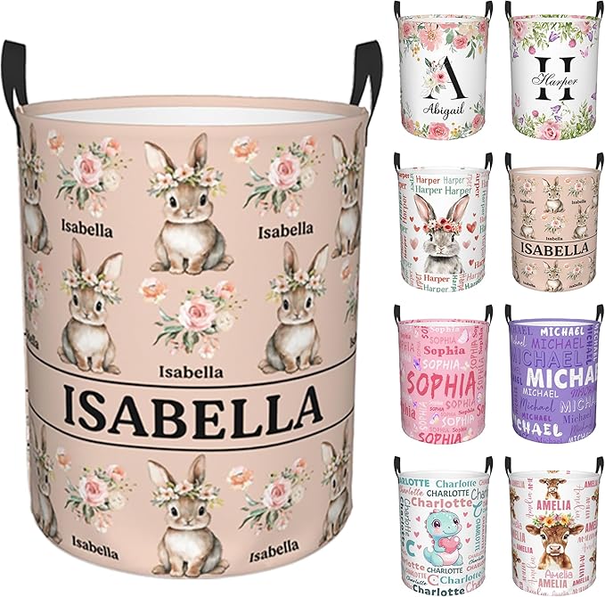 Custom Name Laundry Hamper, Personalized Rabbit Laundry Basket with Name for Boys Girls Kids Men Women, Customized Name Dirty Clothes Basket Gifts for Clothes Toy Bathroom Bedroom Laundry Room Dorm