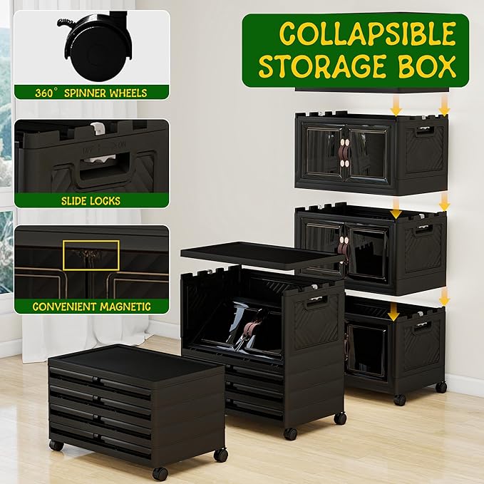 Storage Bins with Lids and Wheels, Collapsible Bathroom Storage Cabinet with Clear Doors, Plastic Stackable Closet Organizers and Storage Containers Black 398 QT