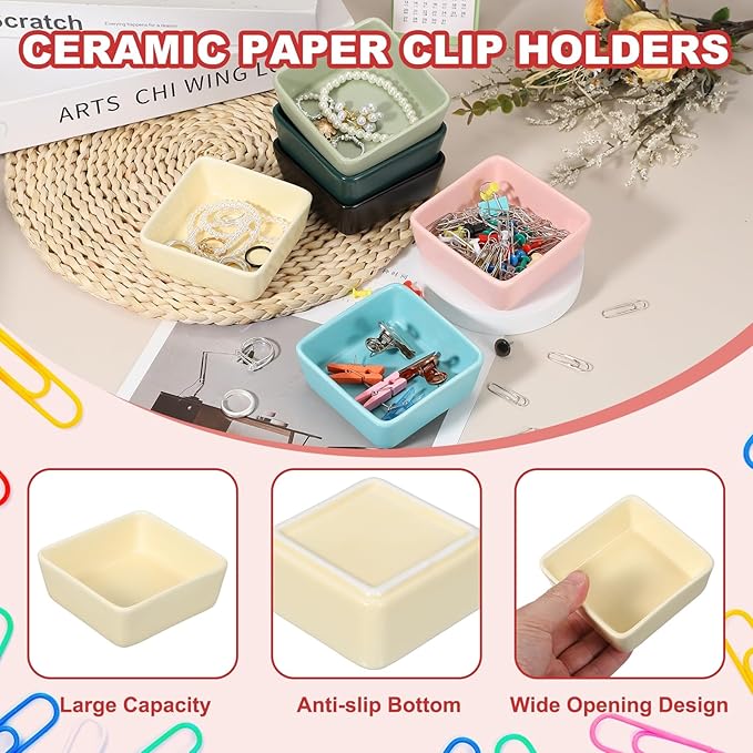 PATIKIL Square Paper Clip Holders, Ceramic Bowl Dish Clip Dispenser Organizer Desk Organizer Accessories for Office Desktop Decor Bobby Pin Binder Paper Clamp, Cream Yellow