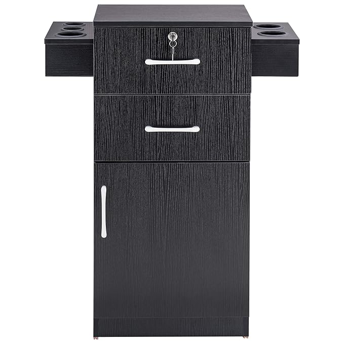 BarberPub 38"x18"x14" Locking Beauty Salon Storage Cabinet, Barber Styling Station with Nylon Hair Dryer Holder, Barber Shop Stylist Equipment with Drawers 2021 (Black)