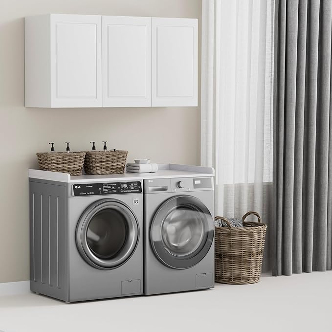 Kaboon Washer Dryer Countertop, Melamine Countertop with Edge Rails - 27.5" Depth x 54" Width Laundry Room Organization, Sea Salt/Greylish White