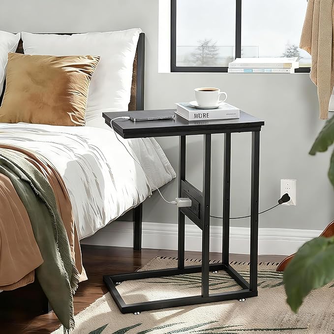 VECELO C Shaped End Side Table with Charging Station & Power Outlets for Couch Sofa/Bed, Snack TV Tray with Metal Frame for Living Room Bedroom 2 PCS, Black