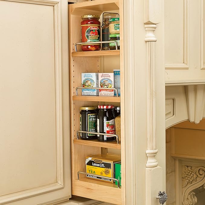 Rev-A-Shelf 6"W x 33"H Pull Out Quad Shelf Organizer for Wall & Base Kitchen Cabinets, Full Extension Filler Spice Rack, Adjustable, Wood, 432-WF33-6C