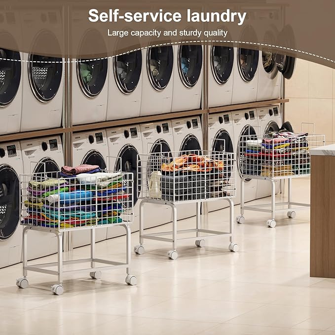 Wire Laundry Hamper Cart,80L Laundry Hamper Trolley with Pull Handle,White High Laundry Basket Cart for Laundry Room,Bathroom,Bedroom-White（23.6 * 15.75 * 28inch）