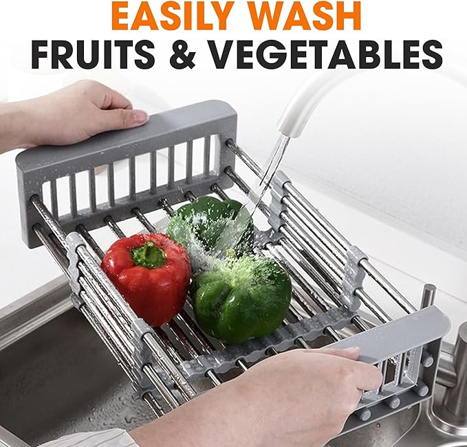 Cheer Collection Sink Drying Rack - Over The Sink Retractable Sink Strainer and Drainer for Washing Dishes, Fruits, Vegetables - Fits Kitchen Sinks up to 18" Inches