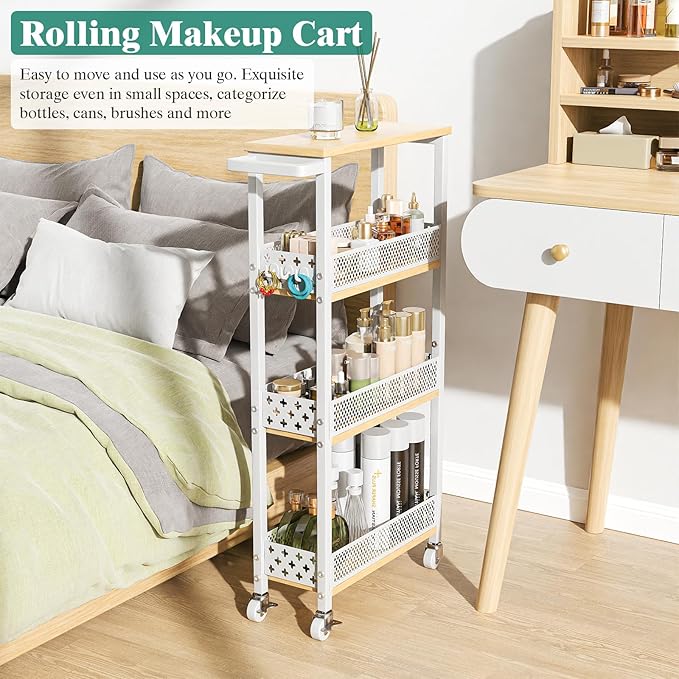 Giwil 4-Tier Slim Rolling Storage Cart for Kitchen Bathroom Organizer, Mobile Narrow Storage Cabinet Utility Cart with Wood Rack on Wheels for Pantry Laundry Small Space, White