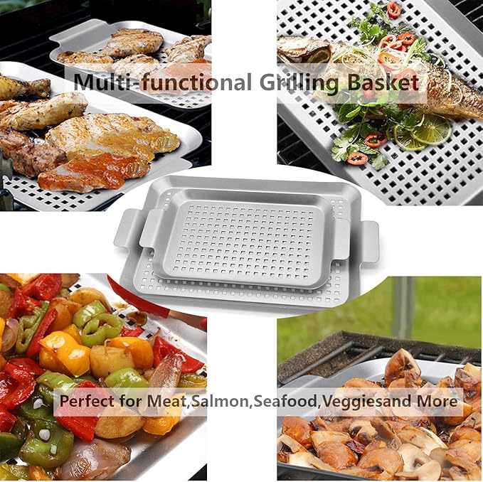 Grill Topper Non-Stick Stainless Steel BBQ Tray with Holes Outdoor Grilling Pans for Meat Vegetables Set of 2 (16.5" x10" and 13"x7.4")