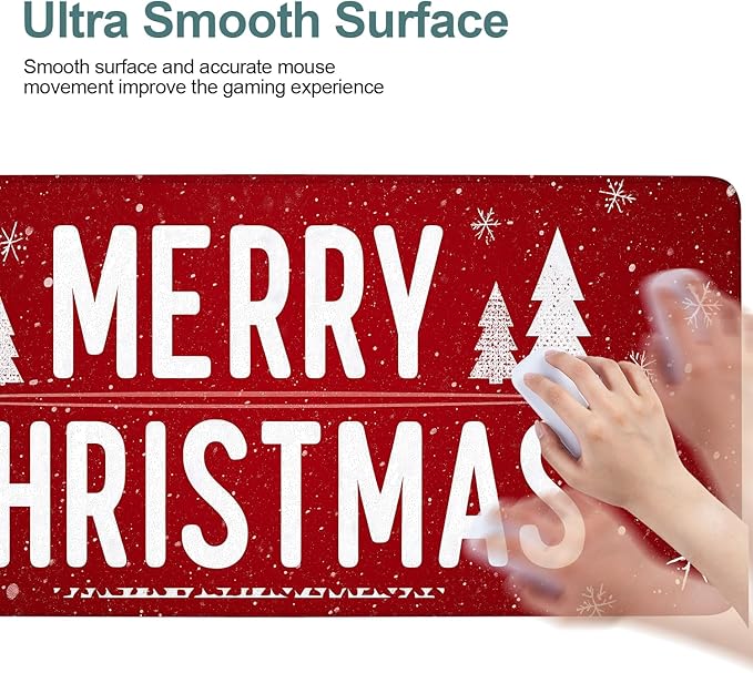 Merry Christmas Gaming Mouse Pad 31.5"x11.8"Desk Mat Anti-Slip Rubber Base & Durable Stitched Edges for Gamers Smooth Mouse Writing Surface for Desk Office/Home