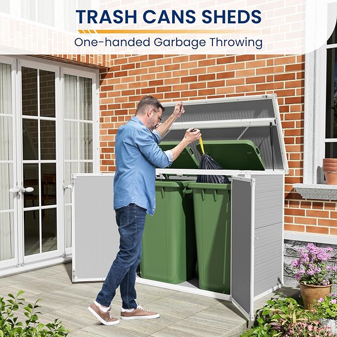 Amopatio 41 Cu Ft Outdoor Storage Shed, Horizontal Resin Trash Can Storage, Weather Resistance, Storage Box with Floor Included for Garden Tools, Lawn Mowers, Garbage Cans, Patio Use, Sandstone