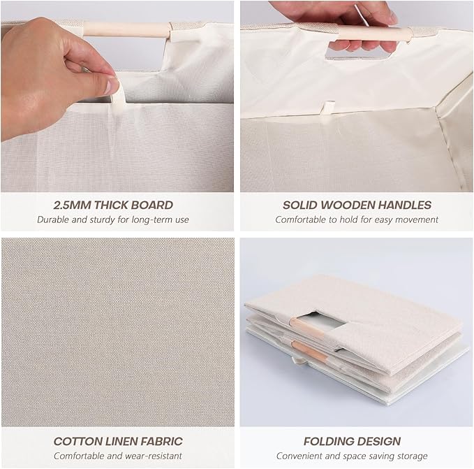 Fabric Storage Bin 3 Pack Foldable Cotton Linen Storage Basket with Wooden Handles Rectangular Cube Box - Beige, Small