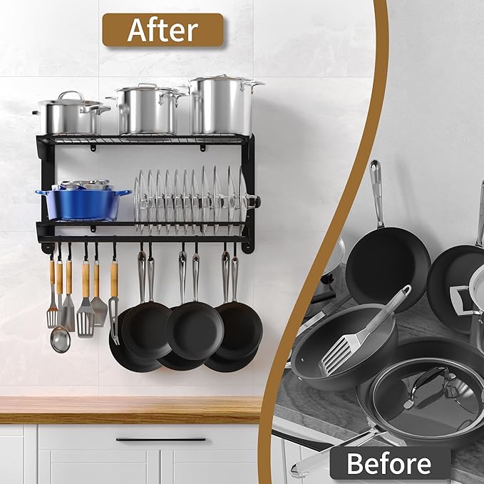 YIGII 30 Inch Pot Rack Wall Mounted, 2-Tier Pots and Pans Organizer with 12 Anti-Drop Hooks, Heavy Duty Kitchen Wall Shelf for Cookware, Lids, Utensils, Black