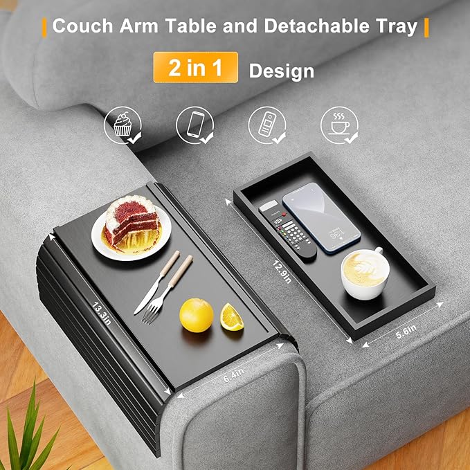 Sofa Arm Rest Tray Table for Couch - 2-in-1 Couch Arm Table with Be Slide Detachable Tray - Anti-Slip Foldable Sofa Armchair Caddy for Drinks Cup Cellphone TV Remote Snacks (Black)