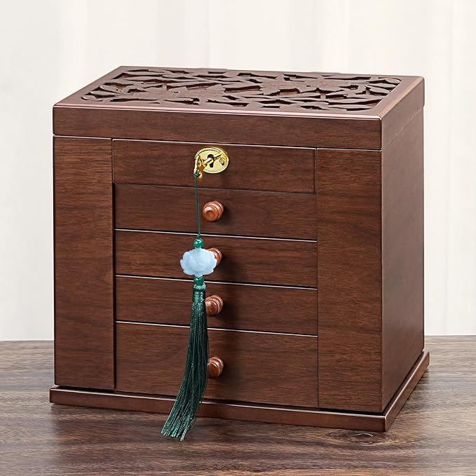 wooden Jewelry Box and Organizer - 8-Layer Lockable Wooden Jewelry Boxes for Women - Large Jewelry Boxes and Organizer with Key,Gift for Wife,dresser top jewelry box with lock